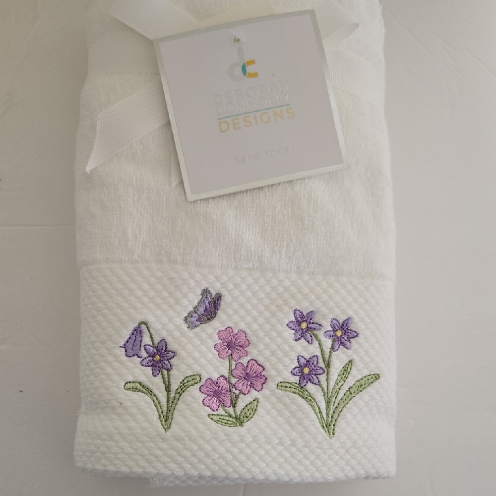 2 Elegant White Hand Towel with Purple Floral And Butterfly Design